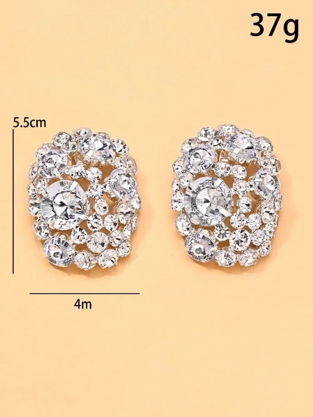Silver Elegant Women's Oversized Clip-On Rhinestone Earrings